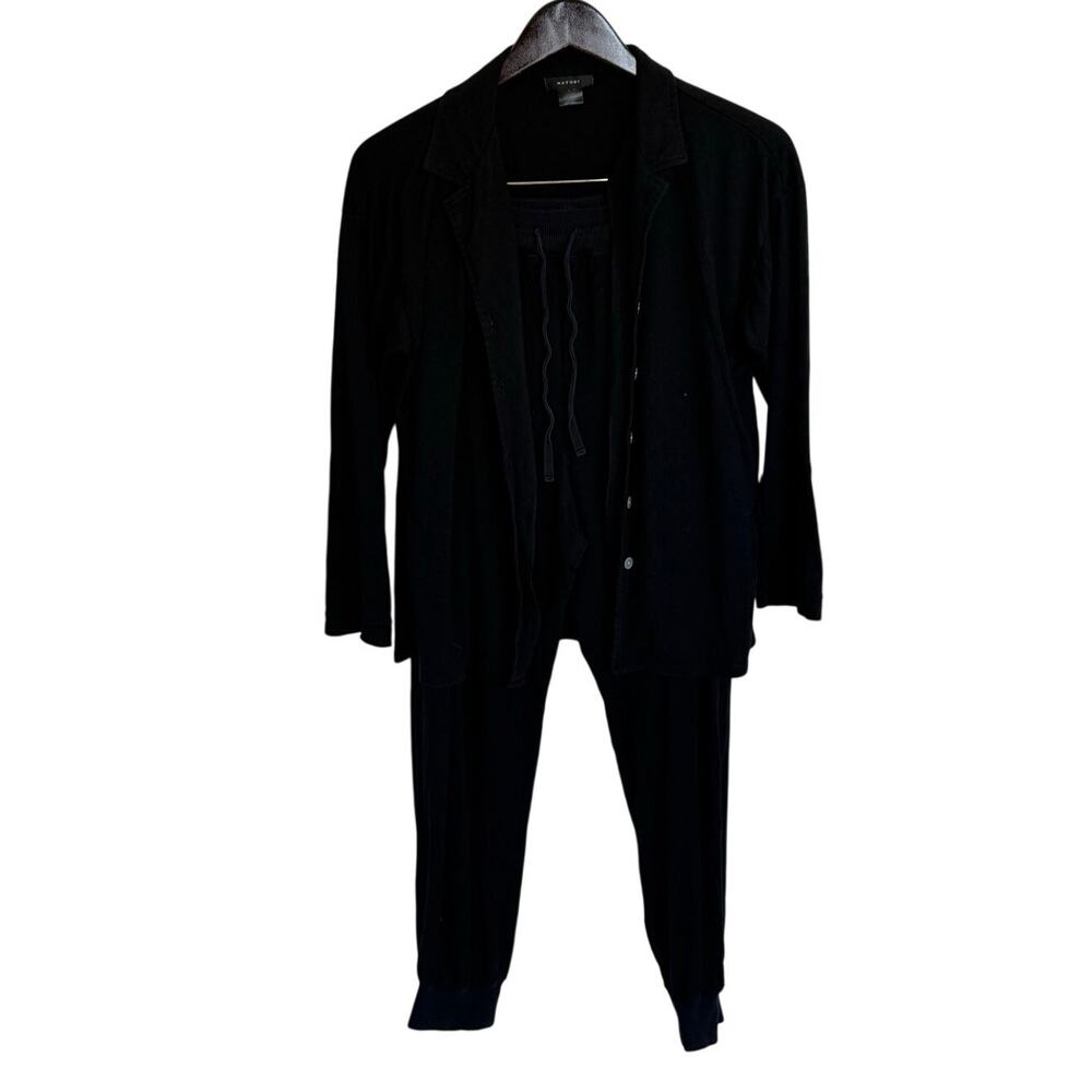Natori Black 2-Pc Lounge Set Button Front Top Jogger Pants M